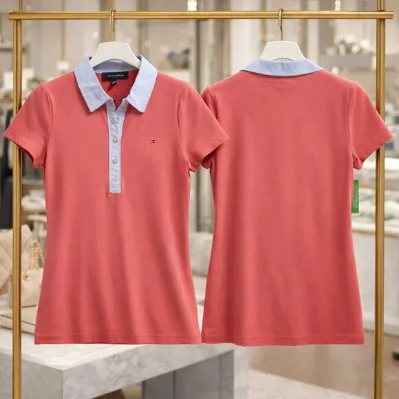 Tommy Hilfiger Rusty Coral Polo - Golf Shirt Pinstripe Collar Preppy XS NWT - Picture 4 of 8